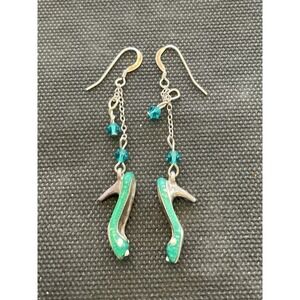925 Sterling Silver green enameled stiletto high heel shoe dangle earrings